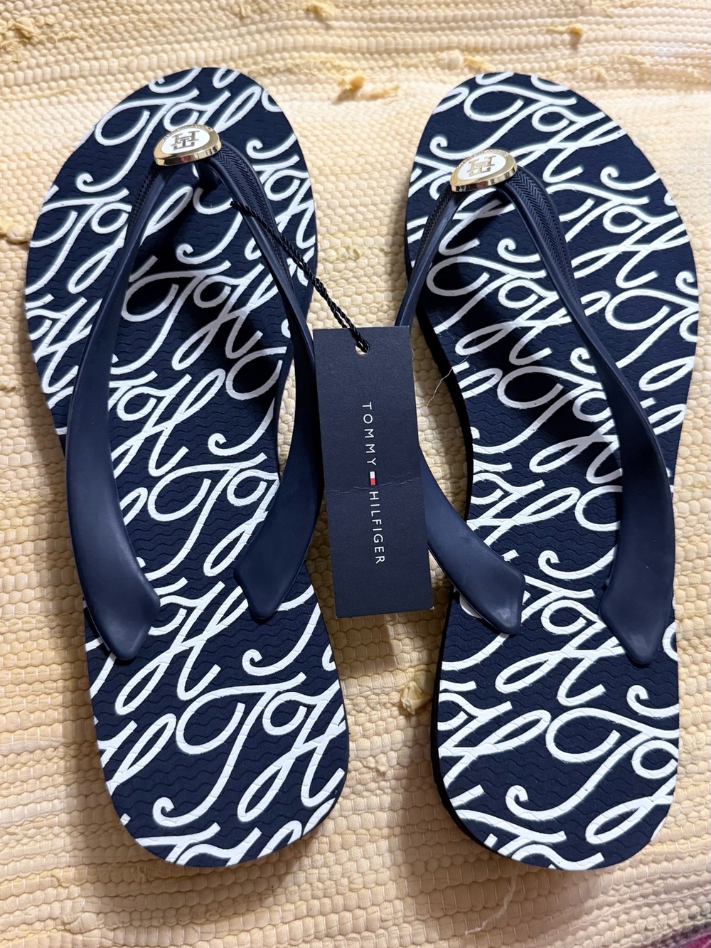 Tommy Hilfiger Navy and White Script Flip Flop Sandals